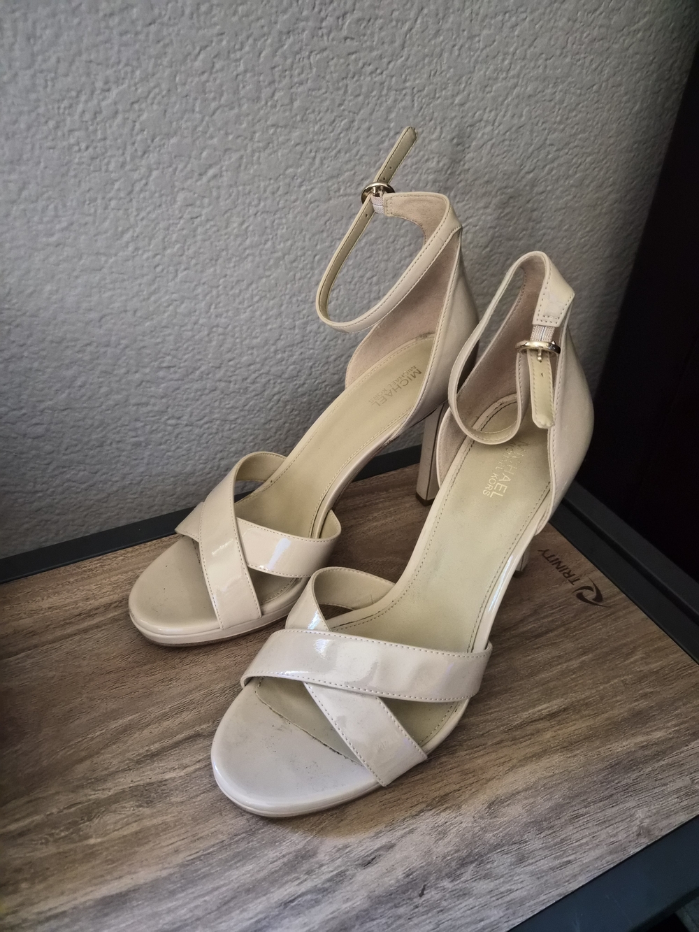 Michael Kors Patent Cross-Strap Ankle-Heel in Light Beige